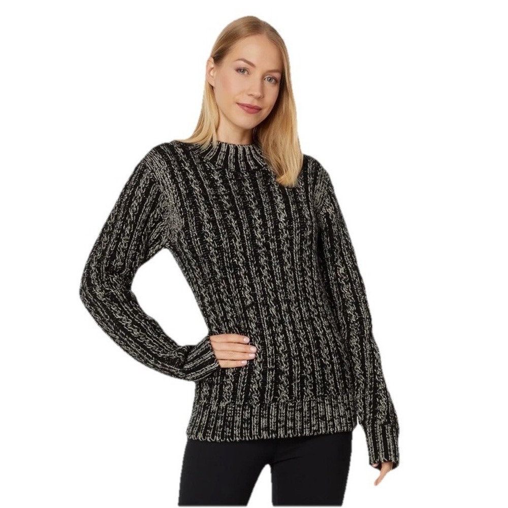 Blanc Noir Lurex Cable Knit Sweater Womens Large Black Silver Metallic Wool‎
